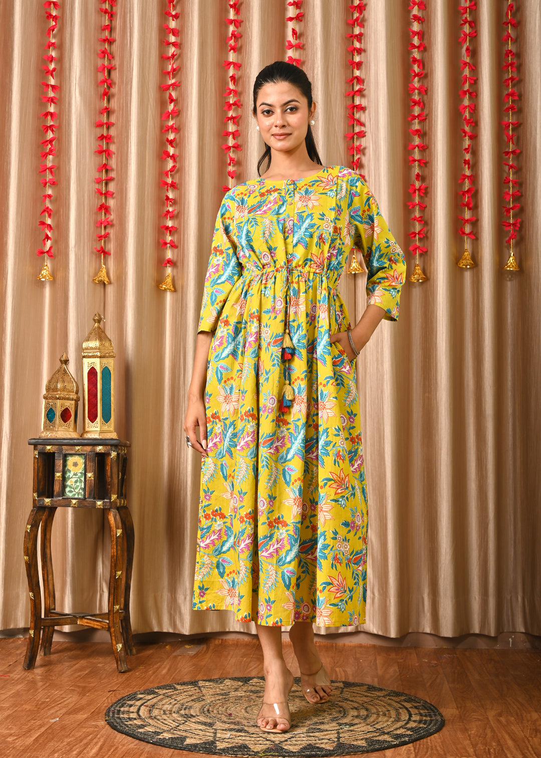 Women Yellow Printed Flared Dress | LASVINI - Redefining Indian Fashion with Elegance