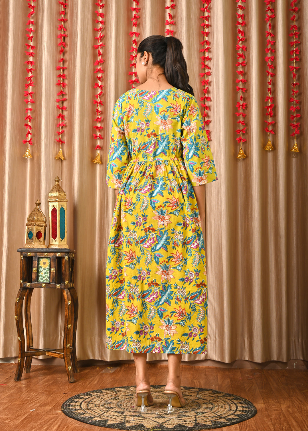 Women Yellow Printed Flared Dress | LASVINI - Redefining Indian Fashion with Elegance