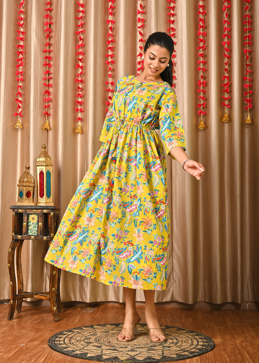 Women Yellow Printed Flared Dress | LASVINI - Redefining Indian Fashion with Elegance