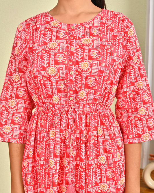 Women Pink Printed Flared Dress | LASVINI - Redefining Indian Fashion with Elegance