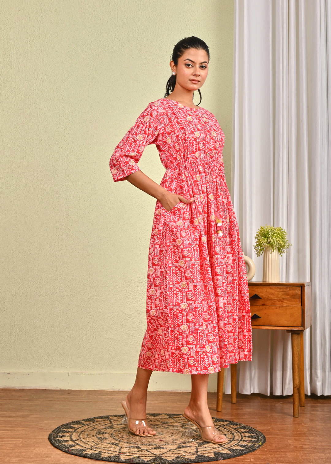 Women Pink Printed Flared Dress | LASVINI - Redefining Indian Fashion with Elegance
