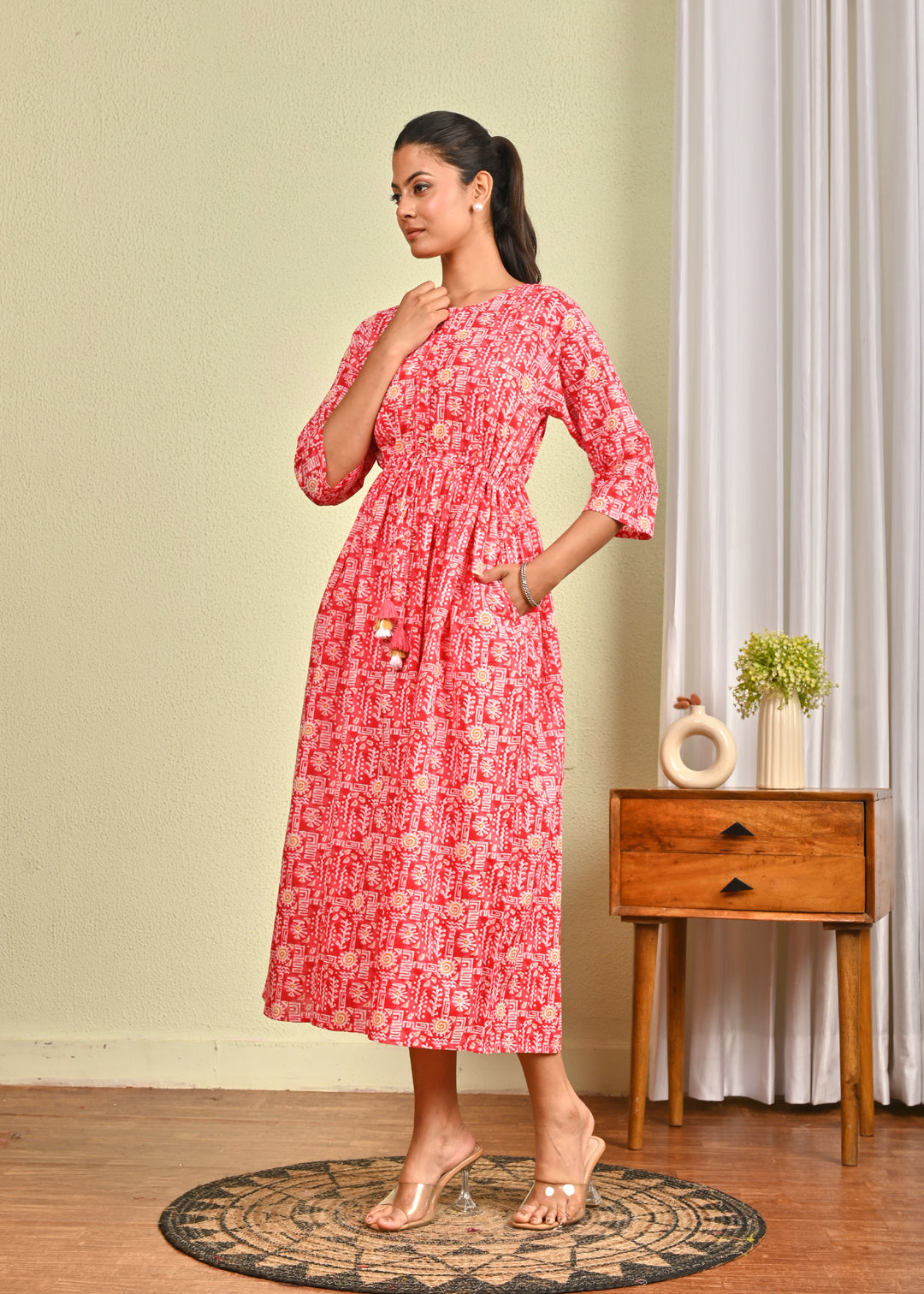 Women Pink Printed Flared Dress | LASVINI - Redefining Indian Fashion with Elegance