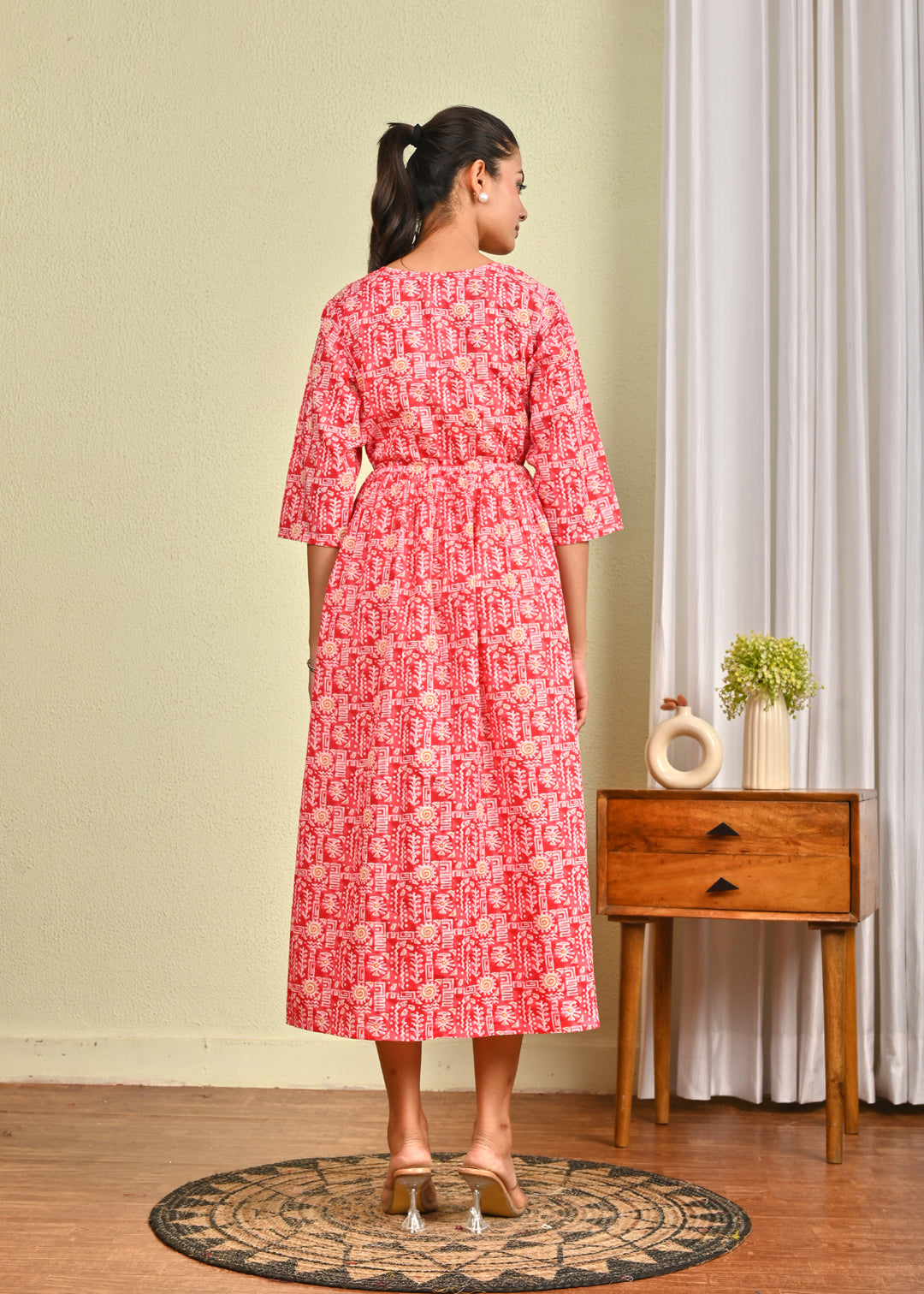Women Pink Printed Flared Dress | LASVINI - Redefining Indian Fashion with Elegance