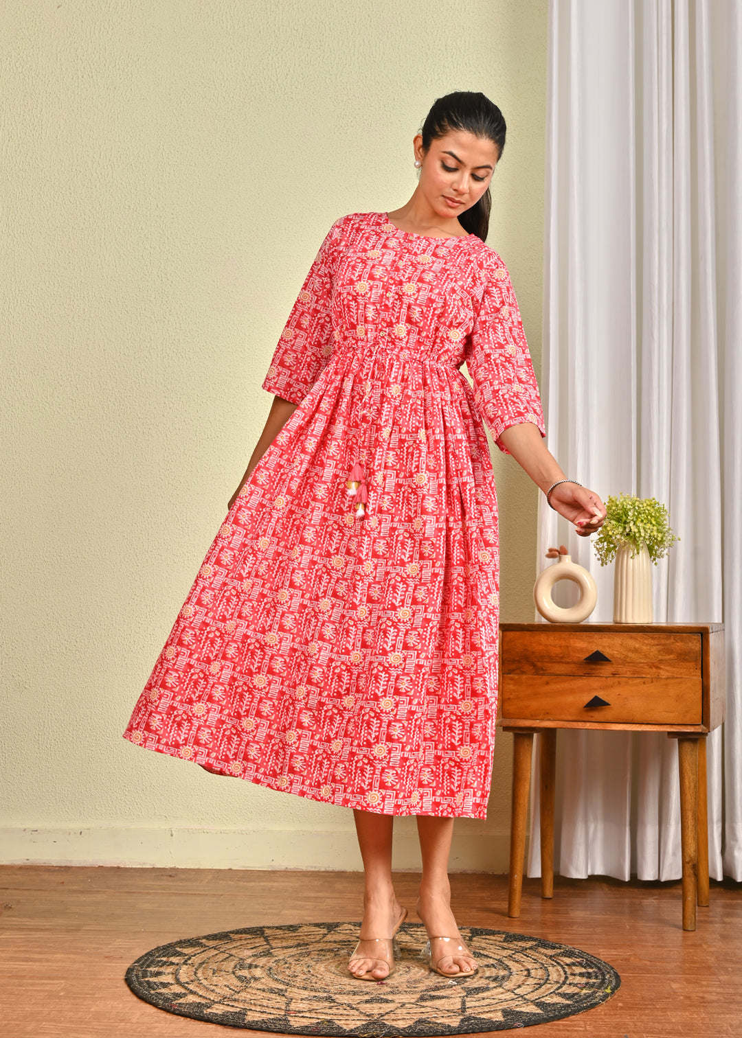 Women Pink Printed Flared Dress | LASVINI - Redefining Indian Fashion with Elegance