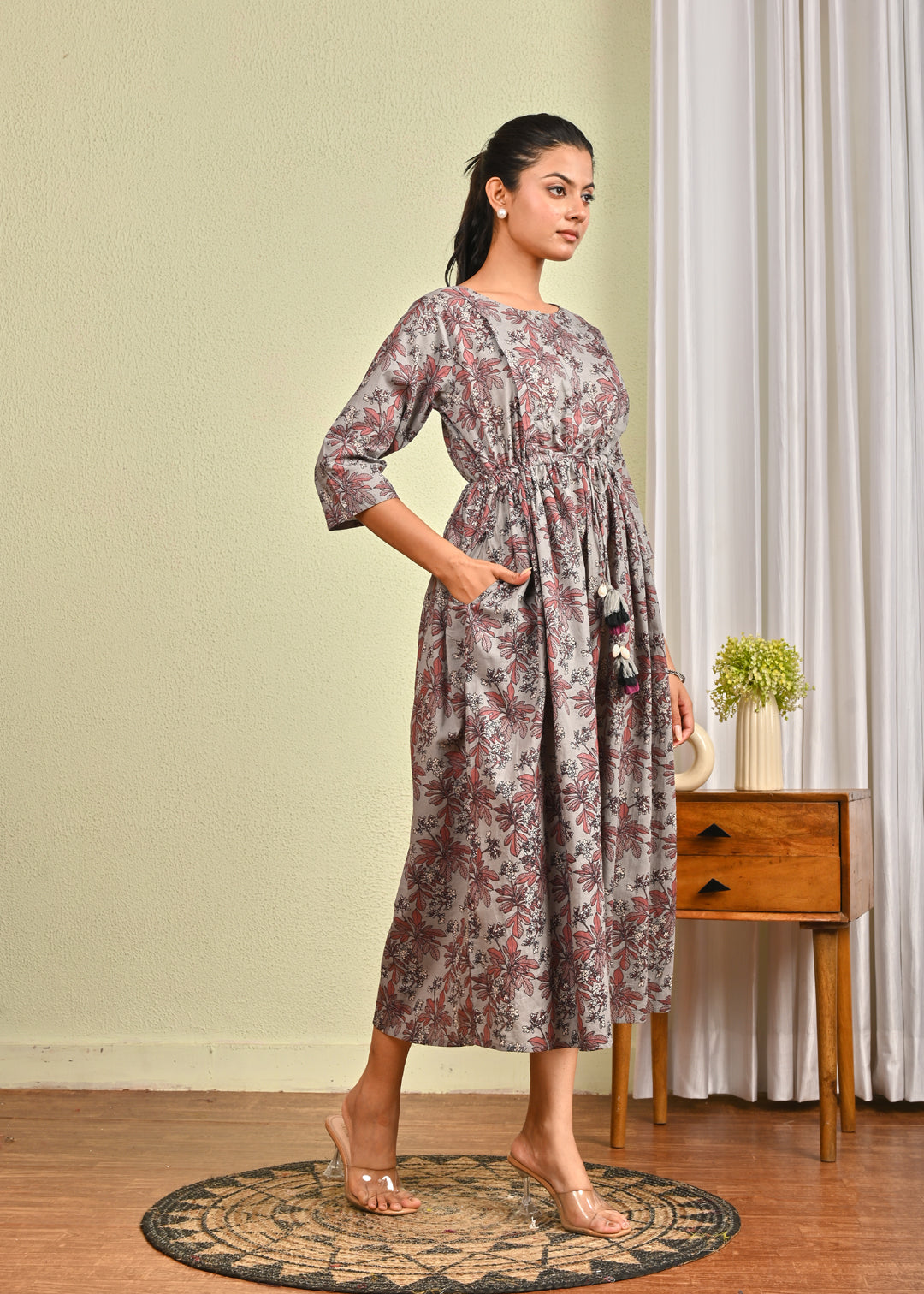 Women Grey Printed Flared Dress | LASVINI - Redefining Indian Fashion with Elegance