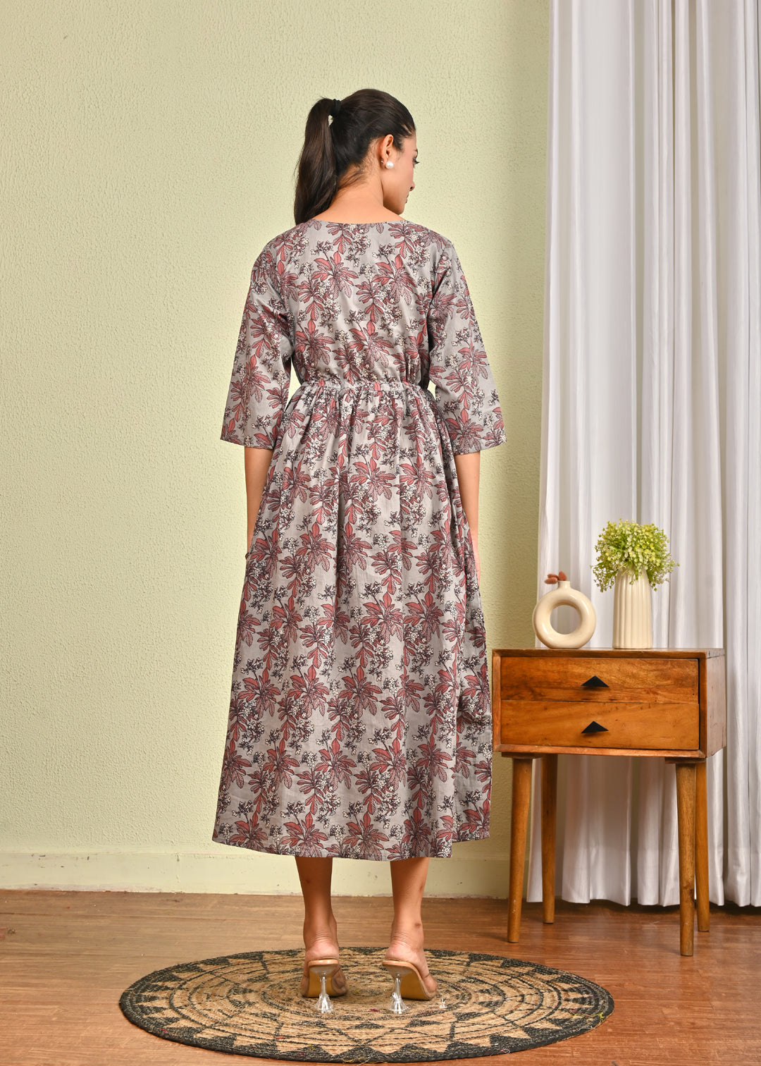 Women Grey Printed Flared Dress | LASVINI - Redefining Indian Fashion with Elegance