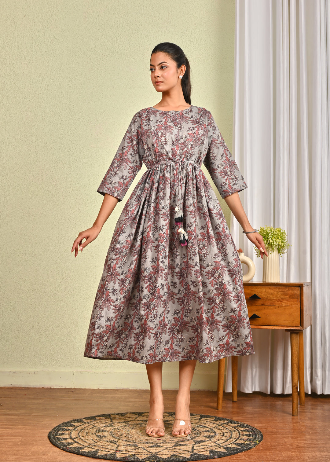 Women Grey Printed Flared Dress | LASVINI - Redefining Indian Fashion with Elegance