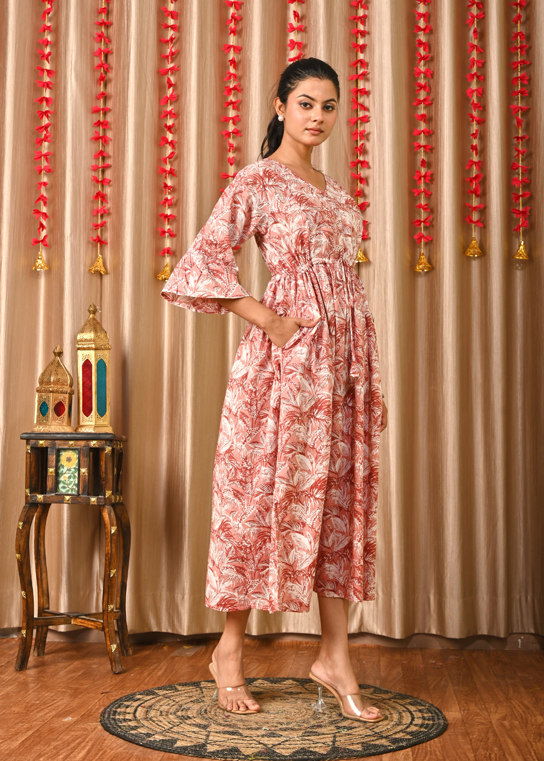 Women Mauve Floral Printed Flared Dress | LASVINI - Redefining Indian Fashion with Elegance