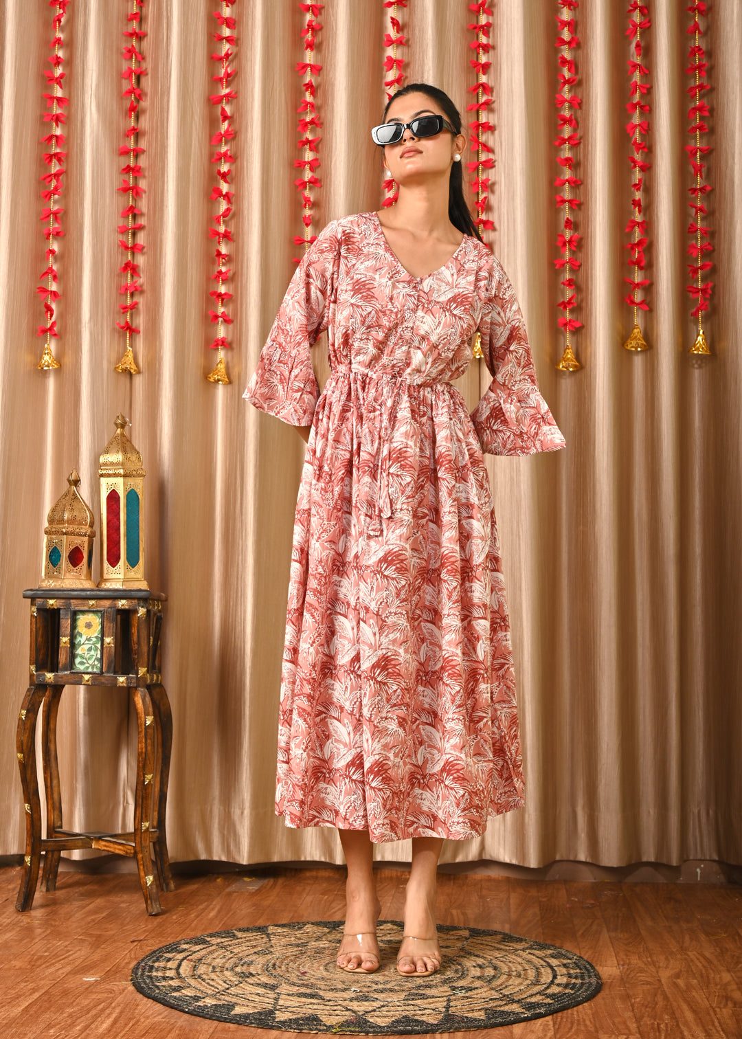 Women Mauve Floral Printed Flared Dress | LASVINI - Redefining Indian Fashion with Elegance