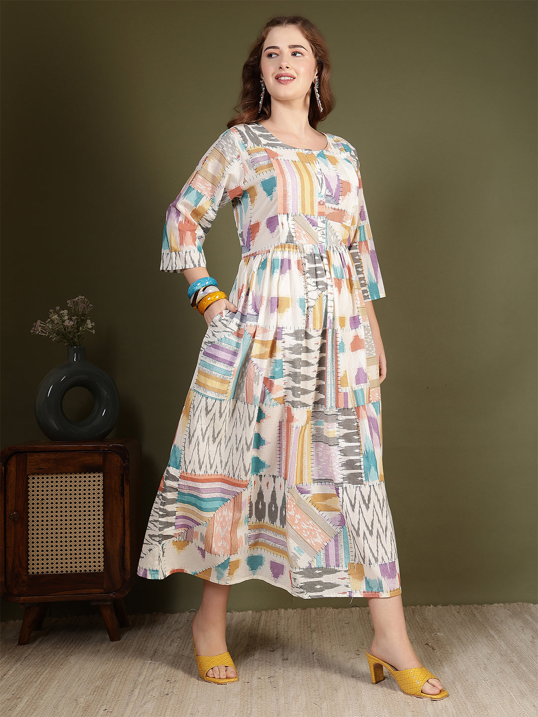 Women Multicolor Printed Flared Dress | LASVINI - Redefining Indian Fashion with Elegance