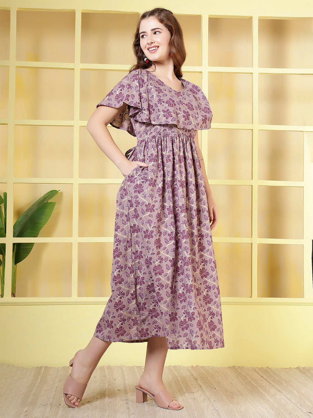 Women Purple Printed Flared Dress | LASVINI - Redefining Indian Fashion with Elegance