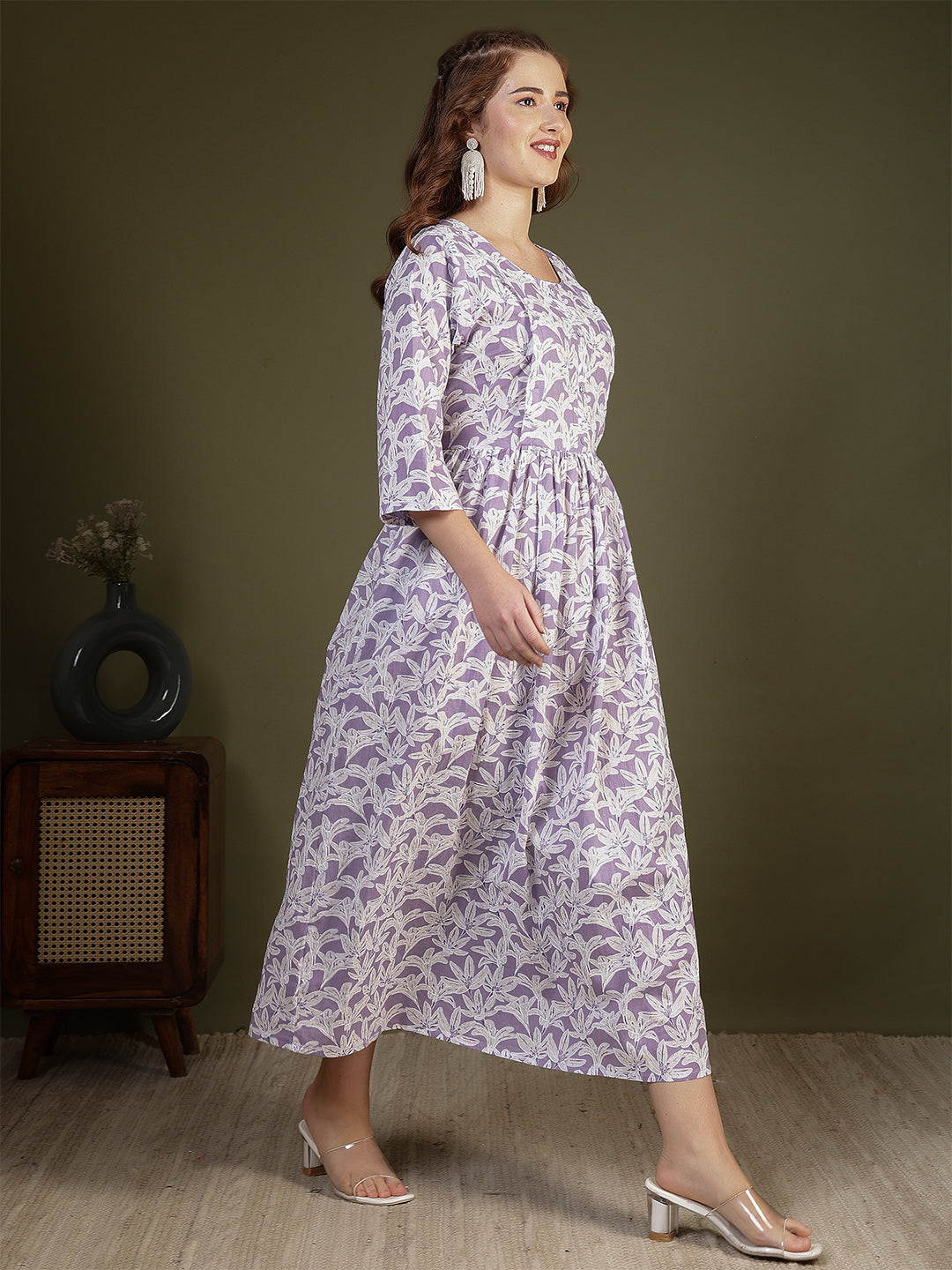 Women Purple Printed Flared Dress | LASVINI - Redefining Indian Fashion with Elegance