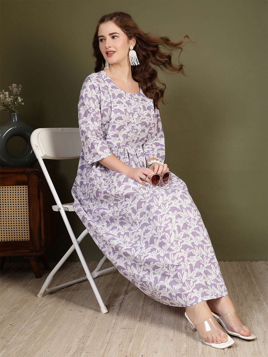 Women Purple Printed Flared Dress | LASVINI - Redefining Indian Fashion with Elegance