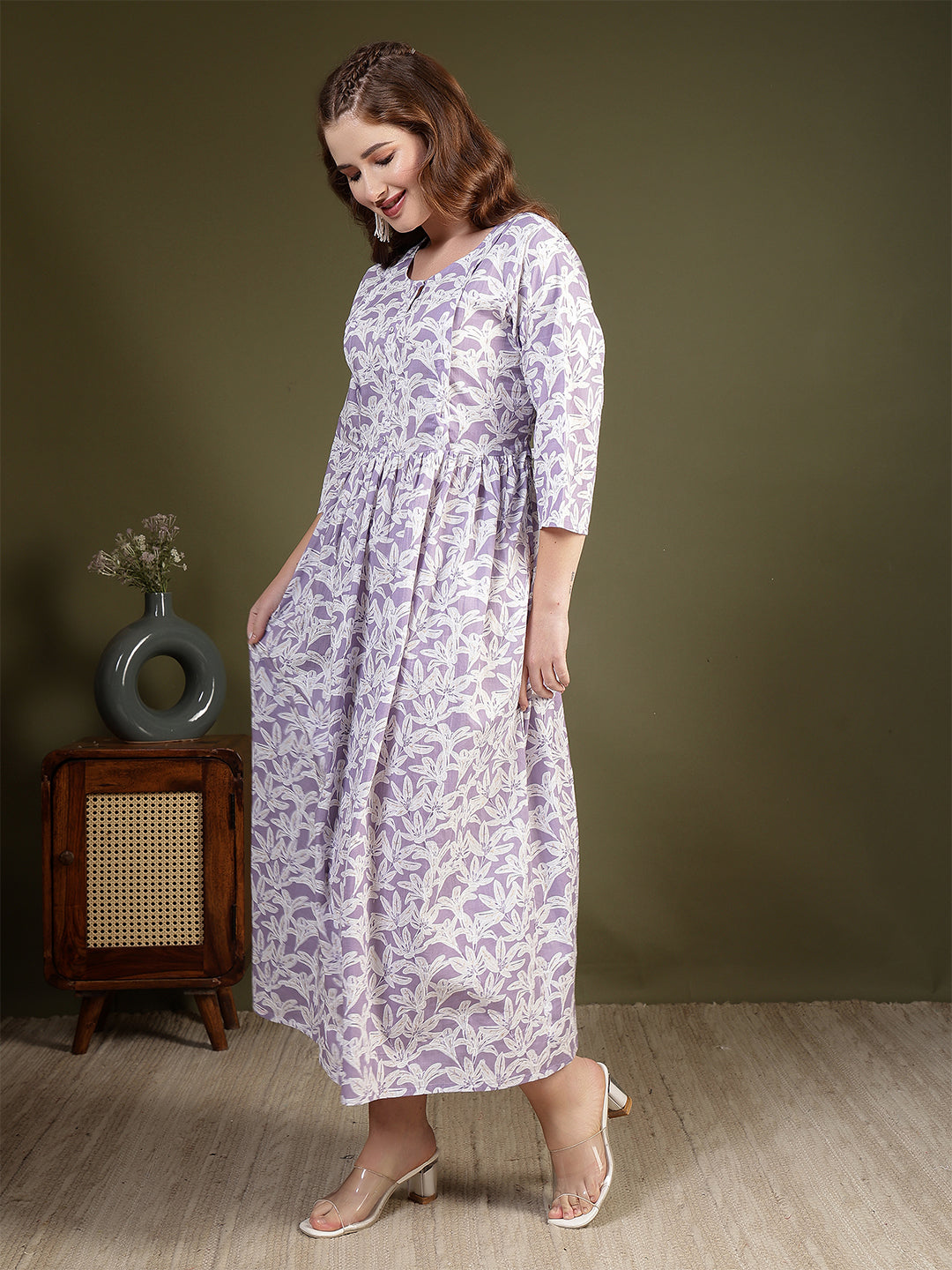 Women Purple Printed Flared Dress | LASVINI - Redefining Indian Fashion with Elegance
