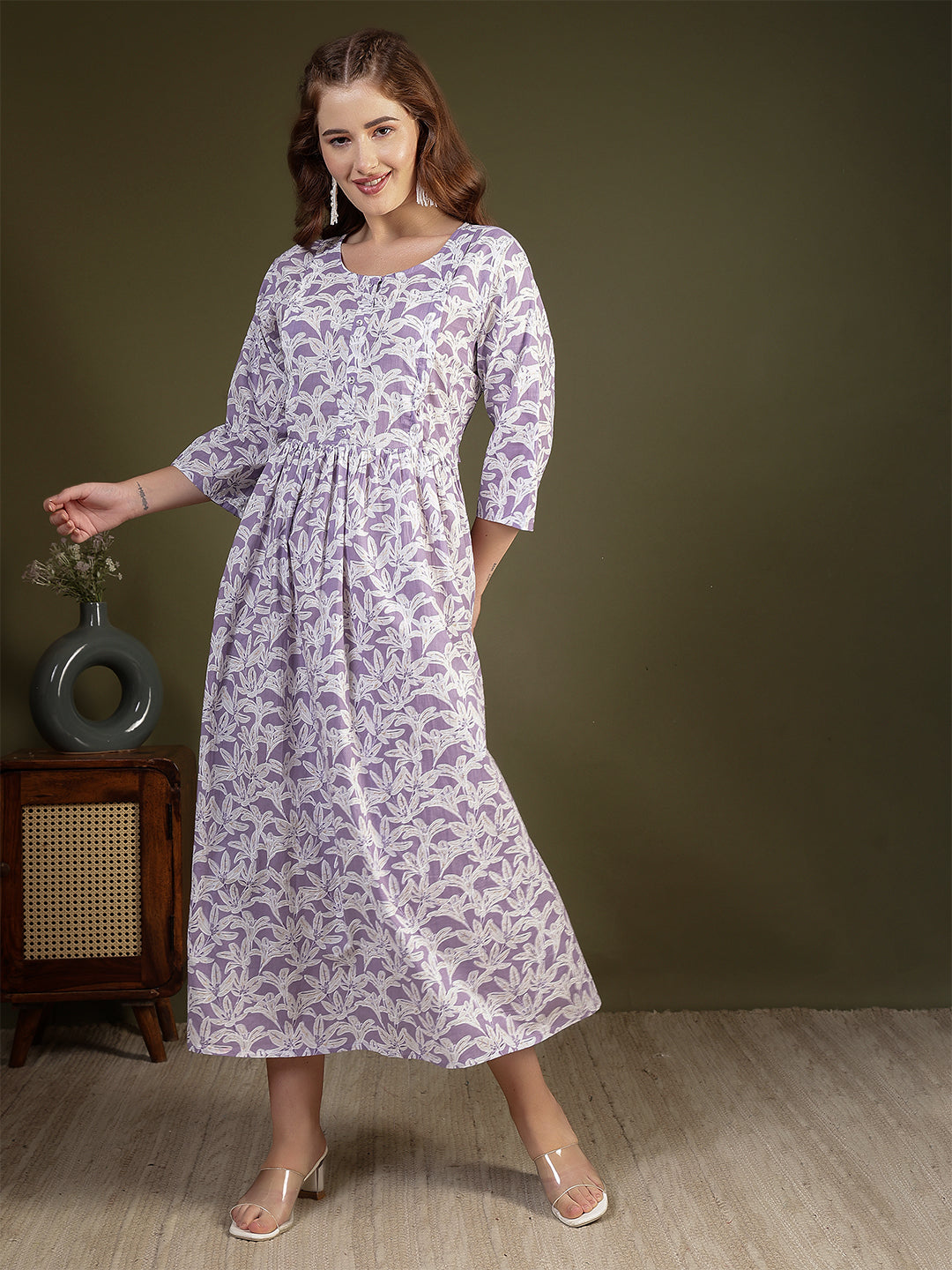 Women Purple Printed Flared Dress | LASVINI - Redefining Indian Fashion with Elegance