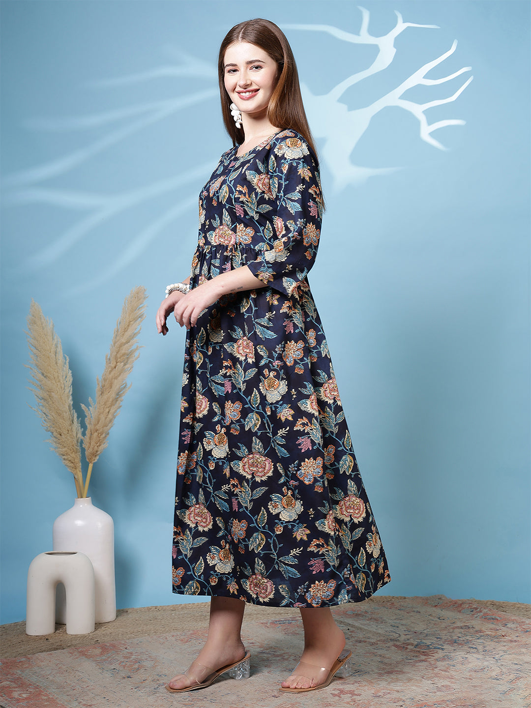 Navy Blue Printed Dress For Women | LASVINI - Redefining Indian Fashion with Elegance