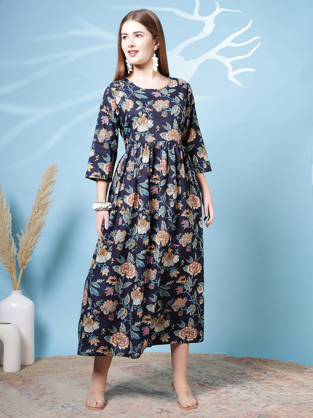 Navy Blue Printed Dress For Women | LASVINI - Redefining Indian Fashion with Elegance