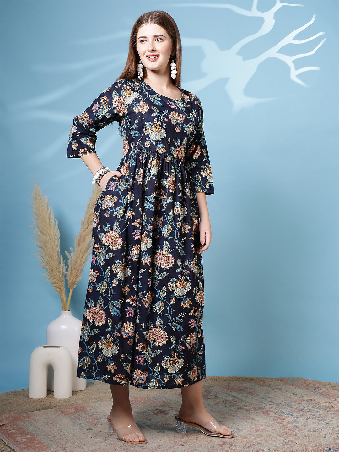 Navy Blue Printed Dress For Women | LASVINI - Redefining Indian Fashion with Elegance