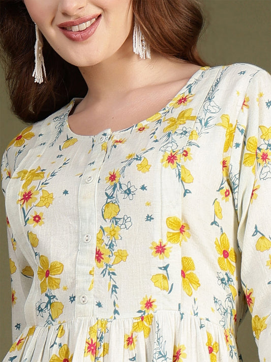 Off white Printed Flared Dress for Women | LASVINI - Redefining Indian Fashion with Elegance