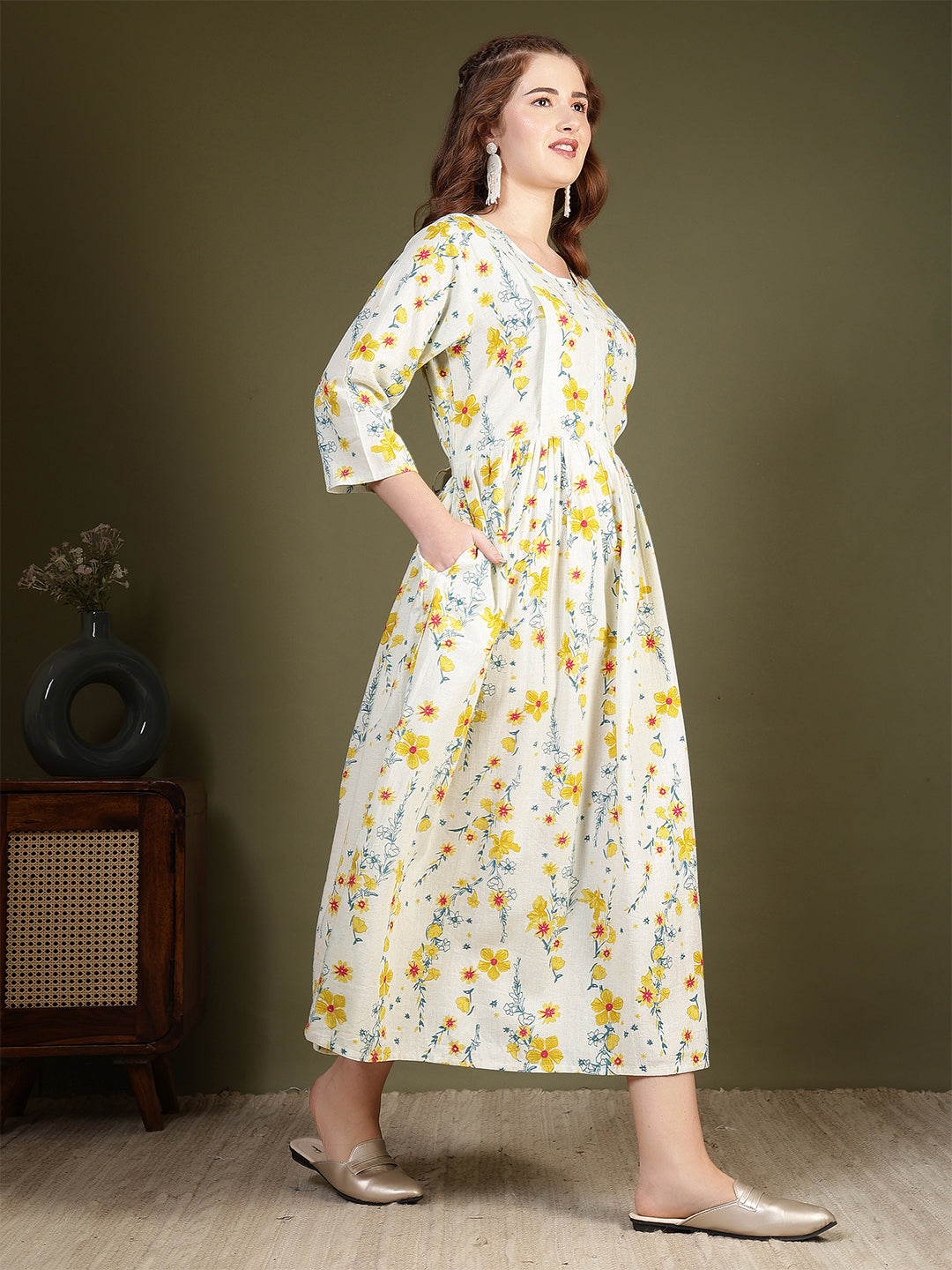 Off white Printed Flared Dress for Women | LASVINI - Redefining Indian Fashion with Elegance