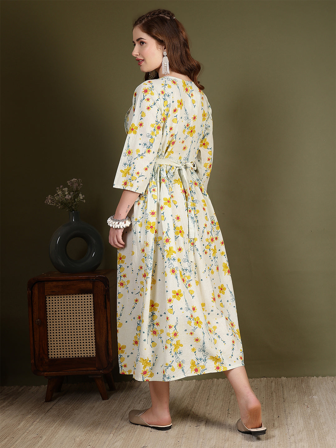 Off white Printed Flared Dress for Women | LASVINI - Redefining Indian Fashion with Elegance