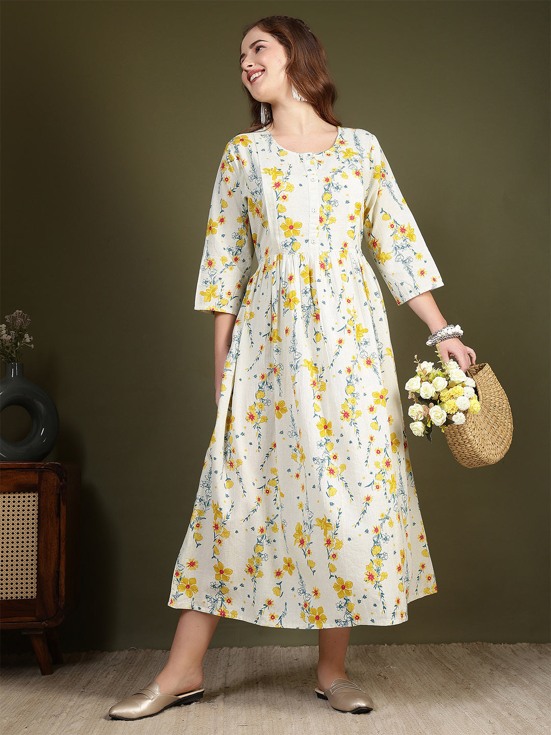 Off white Printed Flared Dress for Women | LASVINI - Redefining Indian Fashion with Elegance