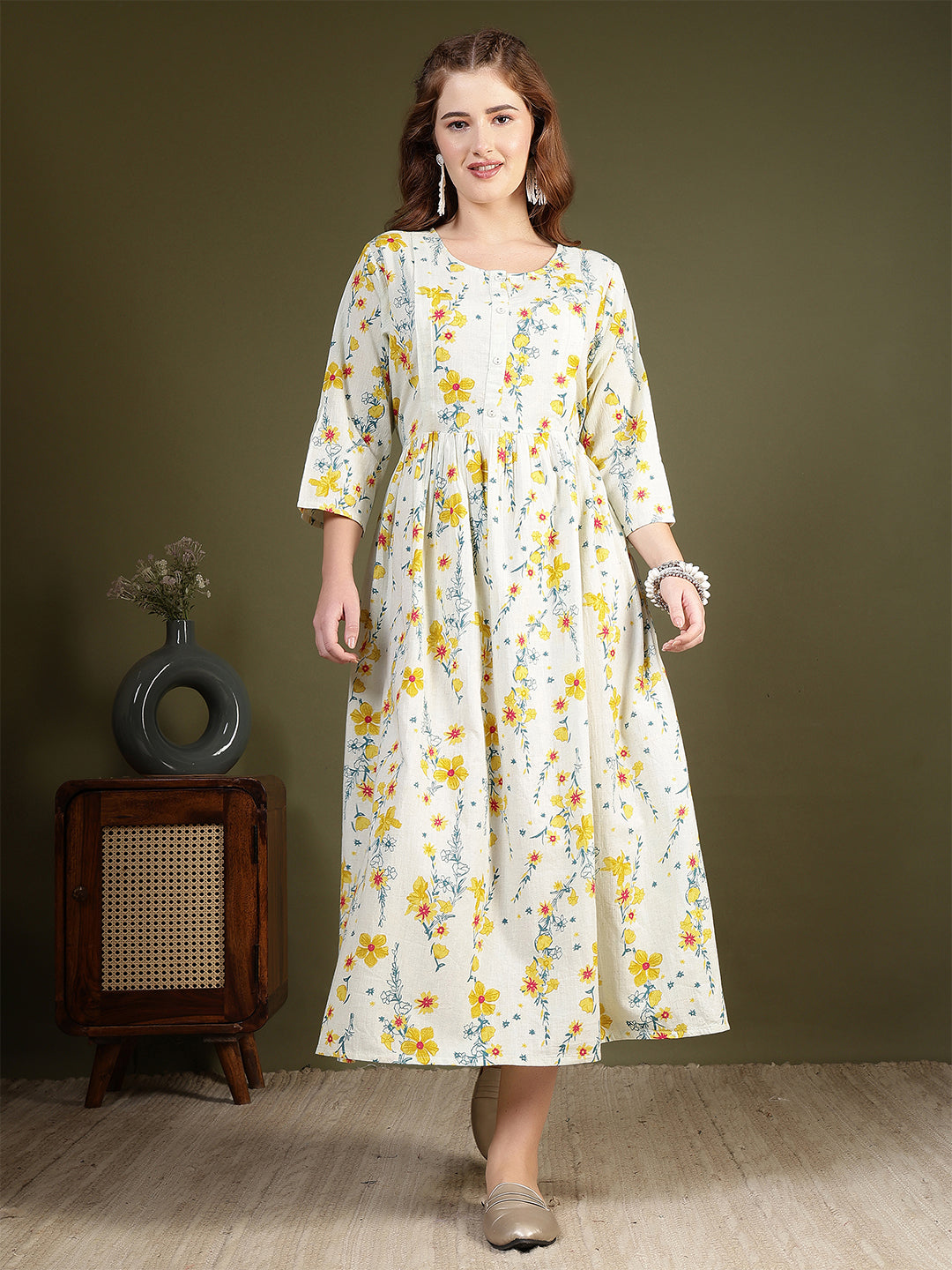 Off white Printed Flared Dress for Women | LASVINI - Redefining Indian Fashion with Elegance