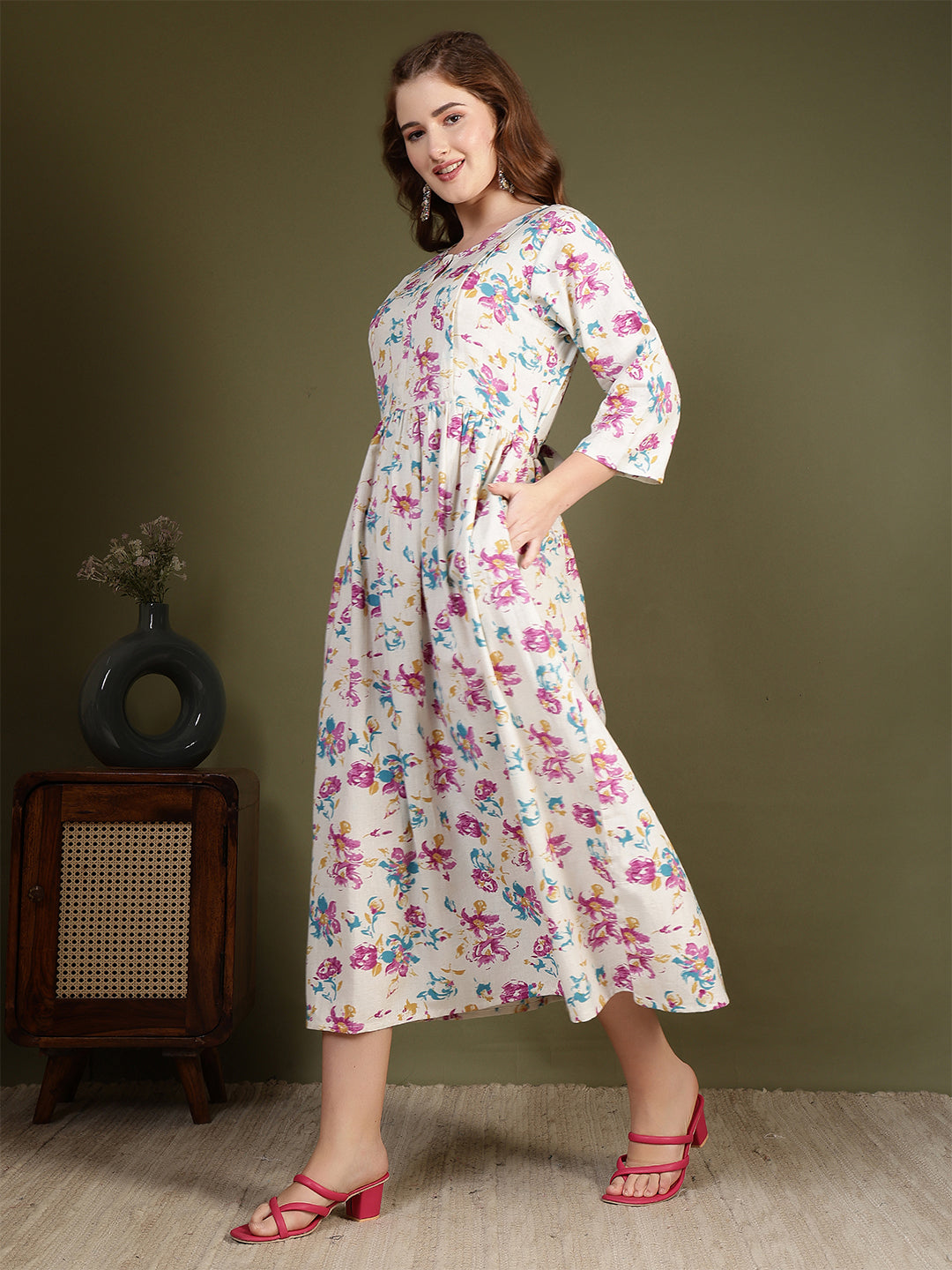 Off white Printed Flared Dress for Women | LASVINI - Redefining Indian Fashion with Elegance