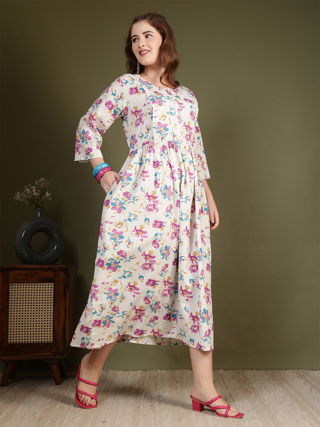 Off white Printed Flared Dress for Women | LASVINI - Redefining Indian Fashion with Elegance