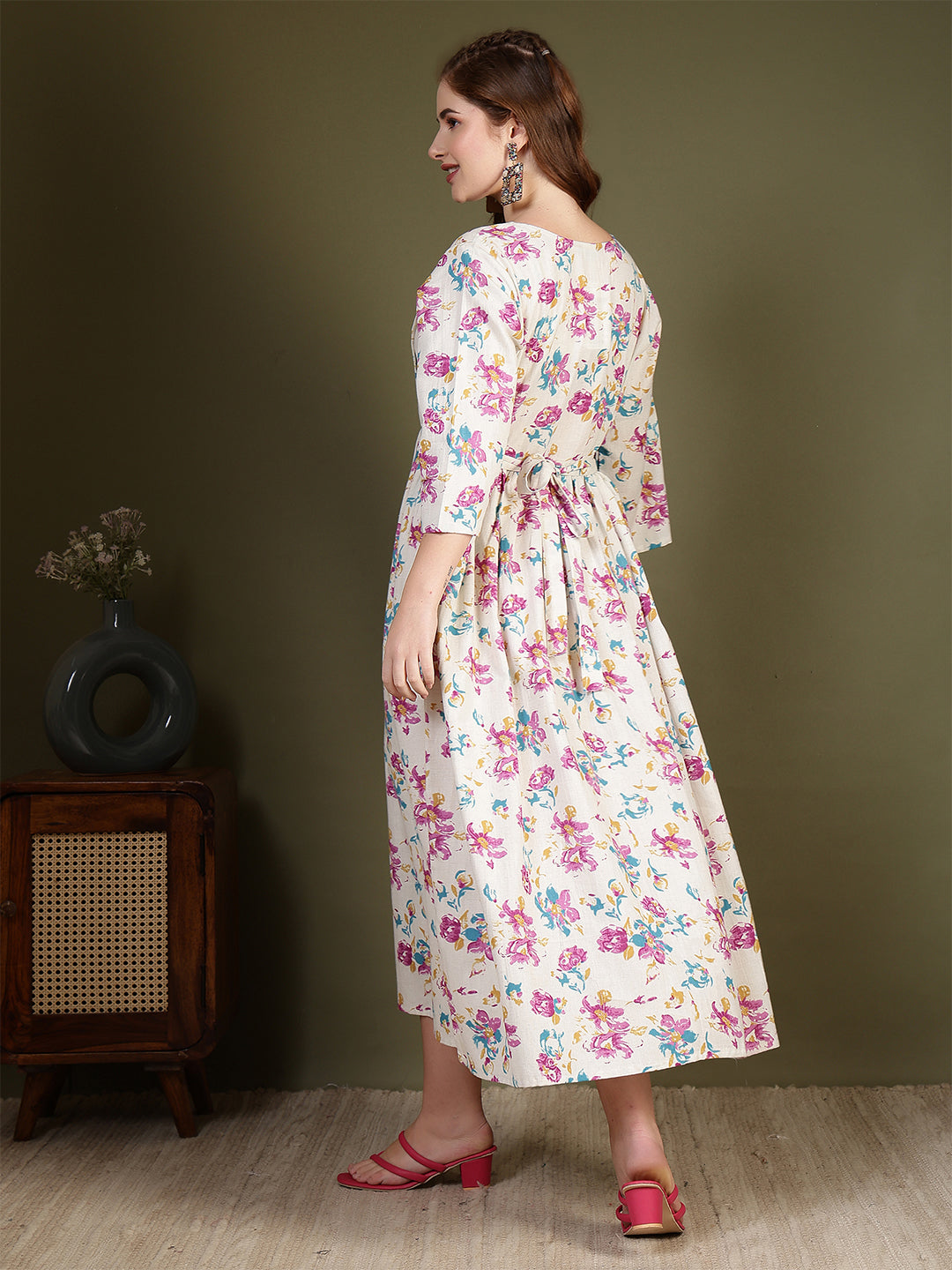 Off white Printed Flared Dress for Women | LASVINI - Redefining Indian Fashion with Elegance