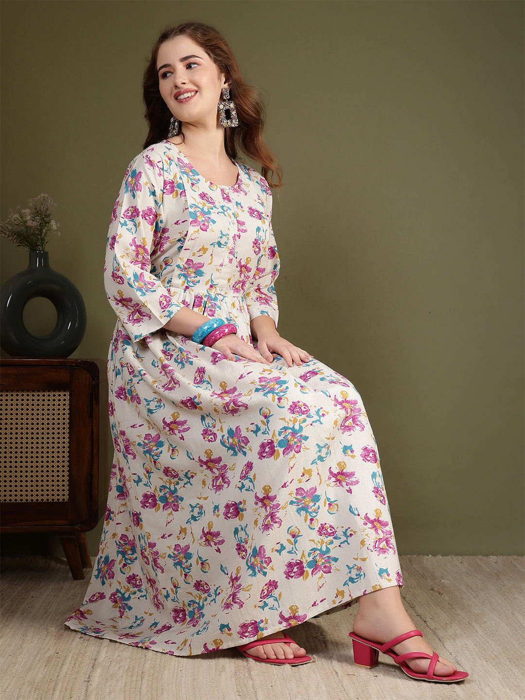 Off white Printed Flared Dress for Women | LASVINI - Redefining Indian Fashion with Elegance