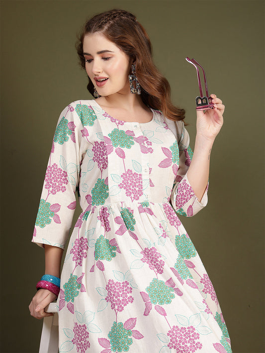 Off white Printed Flared Dress for Women | LASVINI - Redefining Indian Fashion with Elegance