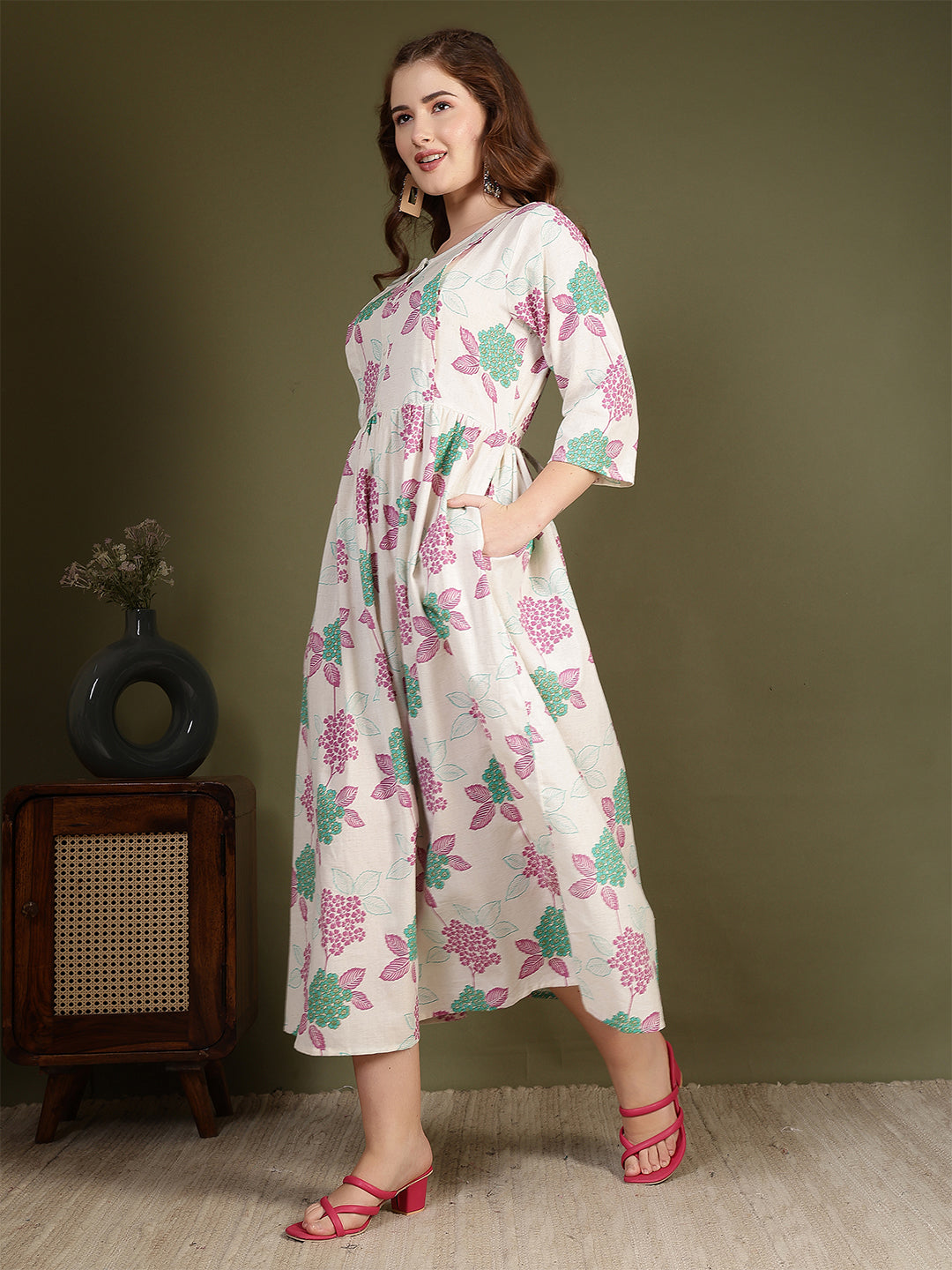 Off white Printed Flared Dress for Women | LASVINI - Redefining Indian Fashion with Elegance