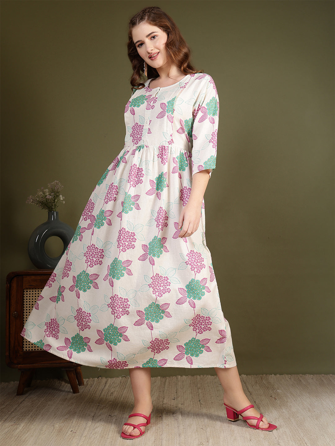 Off white Printed Flared Dress for Women | LASVINI - Redefining Indian Fashion with Elegance