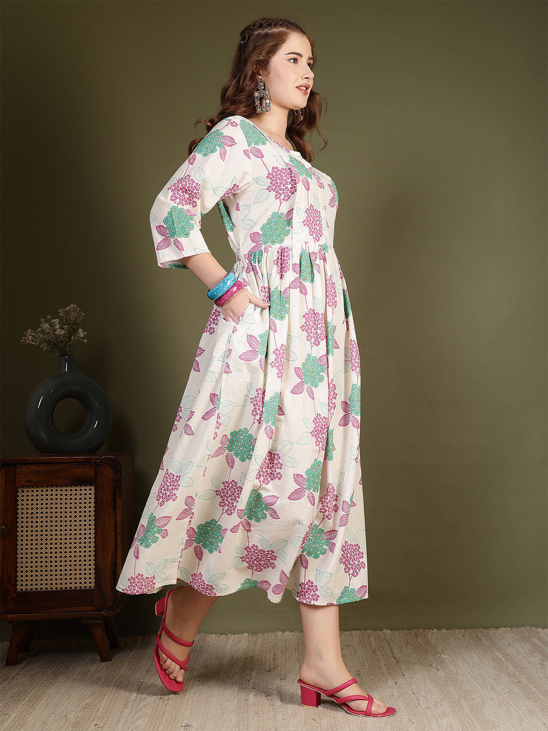 Off white Printed Flared Dress for Women | LASVINI - Redefining Indian Fashion with Elegance