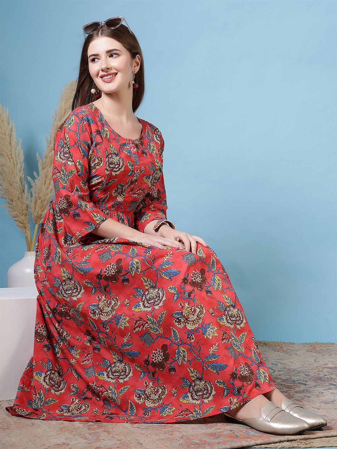 Maroon Floral Printed Flared Dress for Women | LASVINI - Redefining Indian Fashion with Elegance