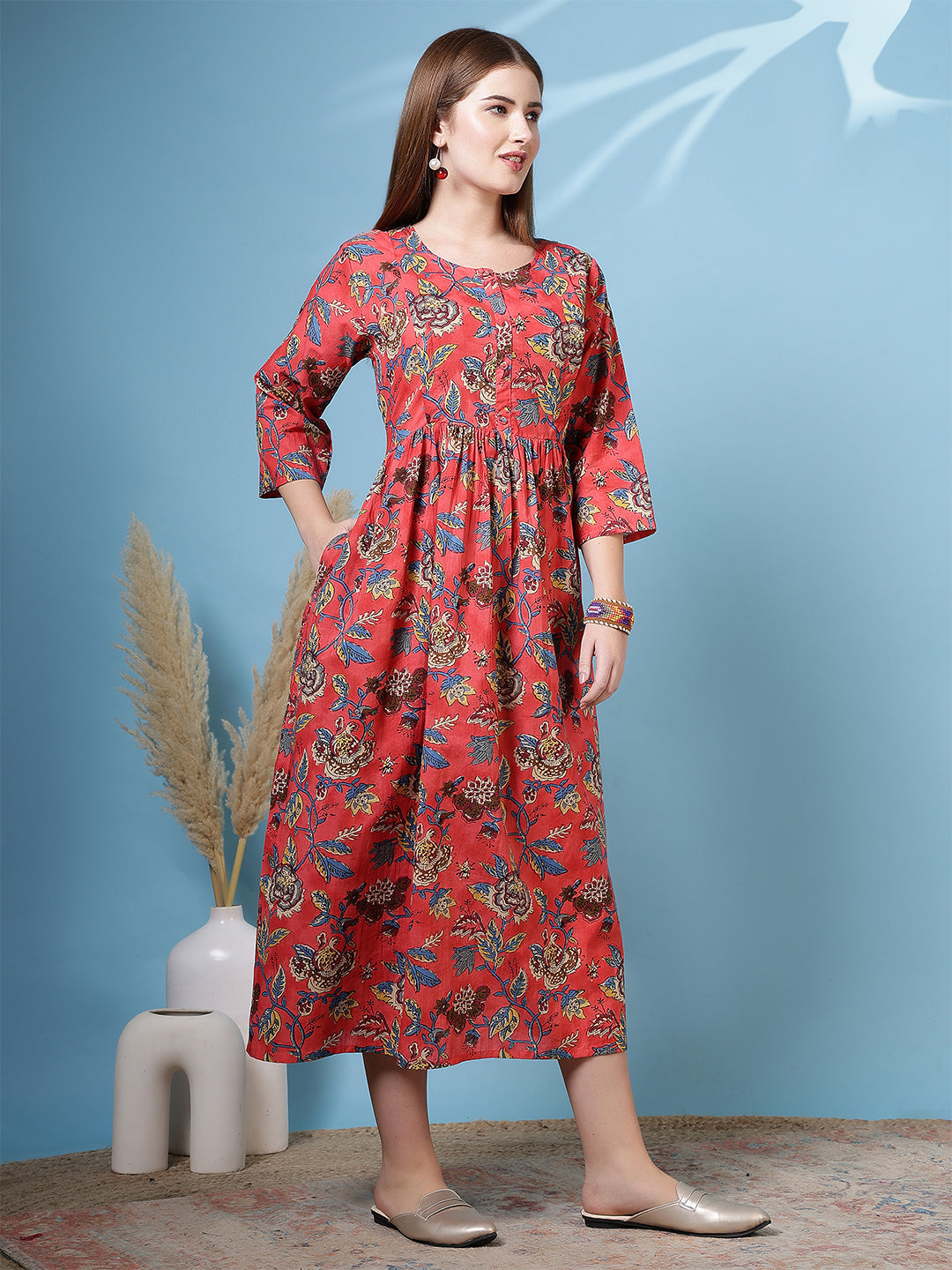 Maroon Floral Printed Flared Dress for Women | LASVINI - Redefining Indian Fashion with Elegance
