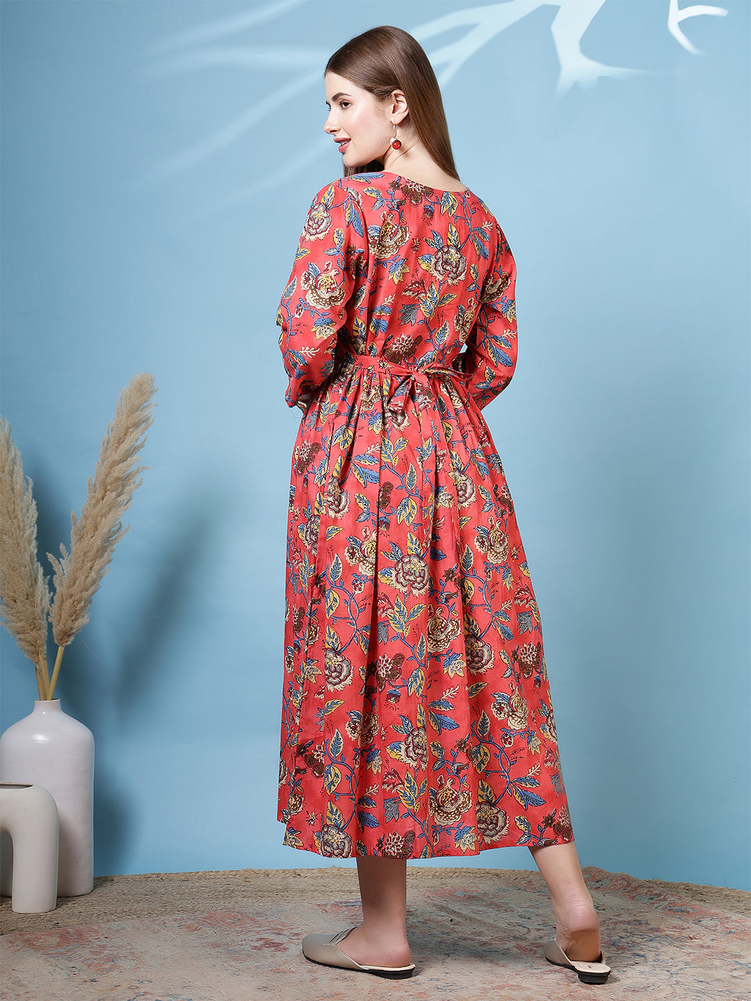 Maroon Floral Printed Flared Dress for Women | LASVINI - Redefining Indian Fashion with Elegance