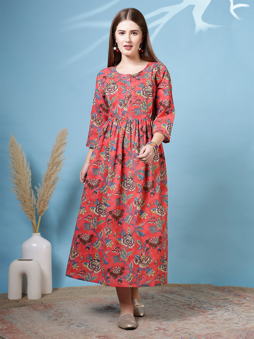 Maroon Floral Printed Flared Dress for Women | LASVINI - Redefining Indian Fashion with Elegance