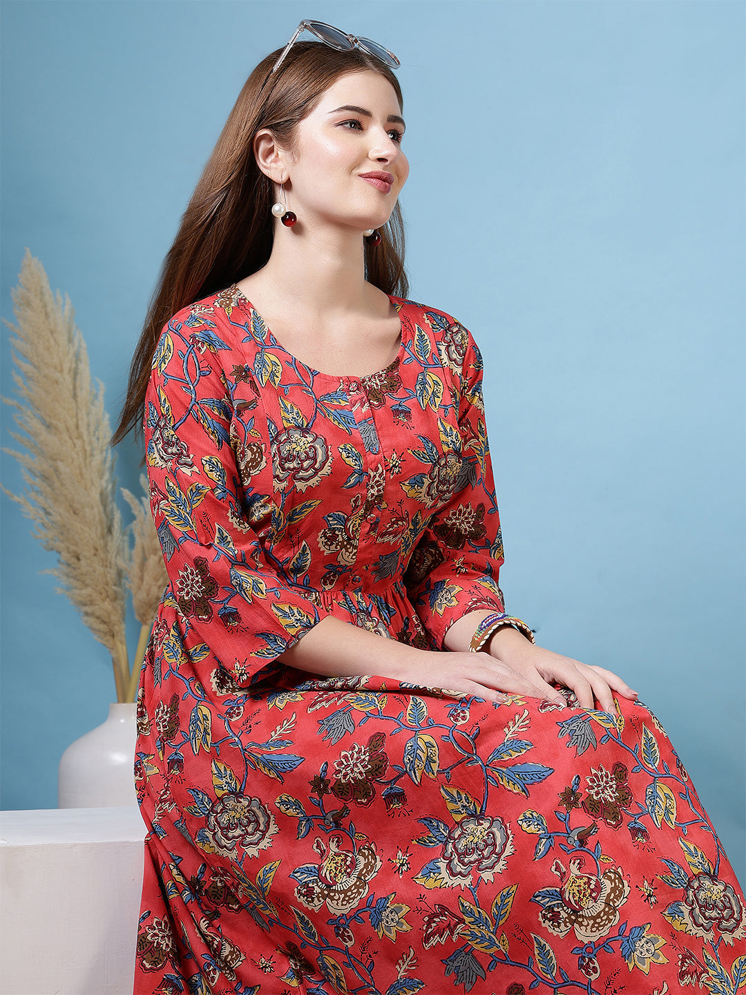 Maroon Floral Printed Flared Dress for Women | LASVINI - Redefining Indian Fashion with Elegance
