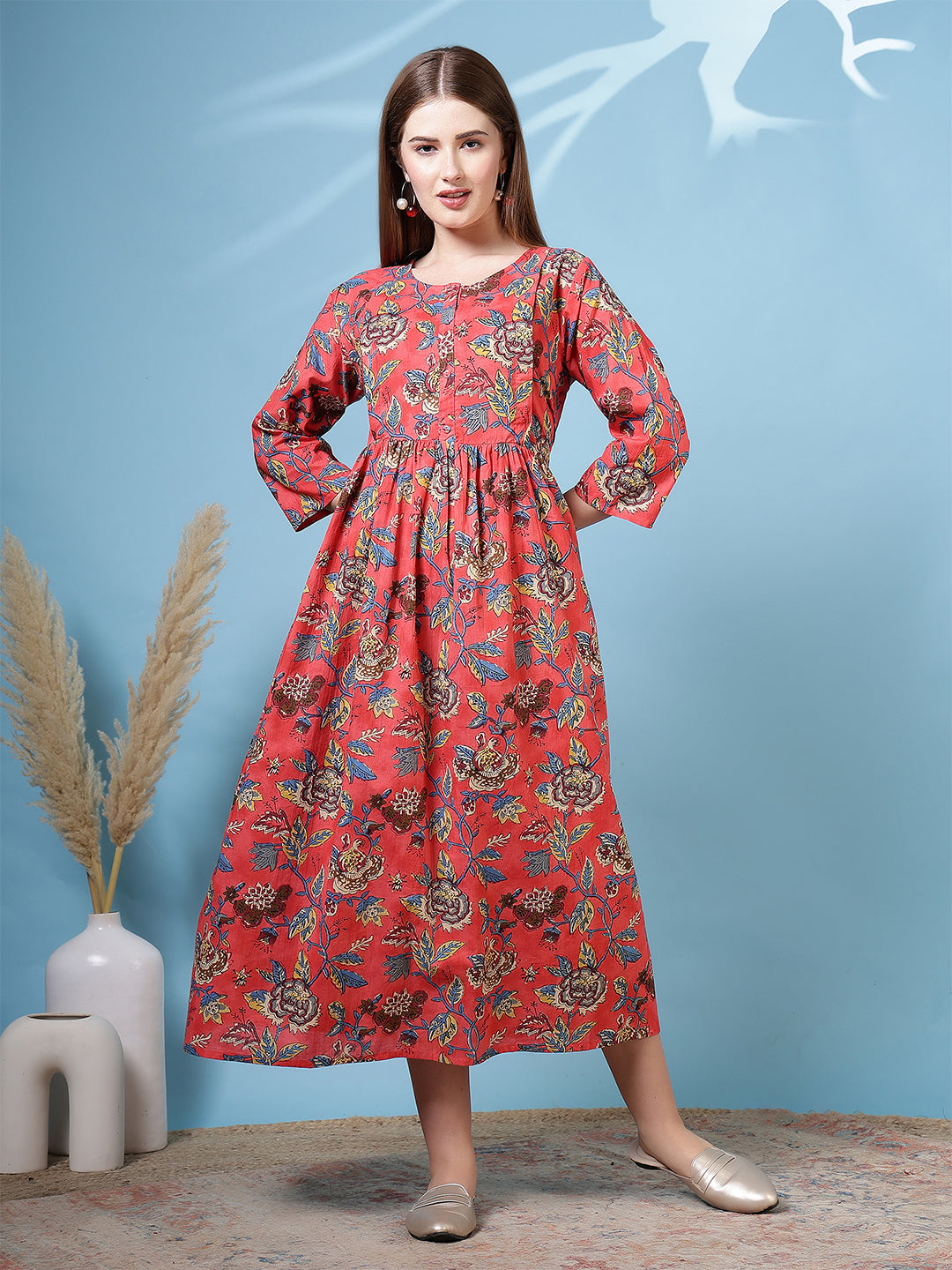 Maroon Floral Printed Flared Dress for Women | LASVINI - Redefining Indian Fashion with Elegance