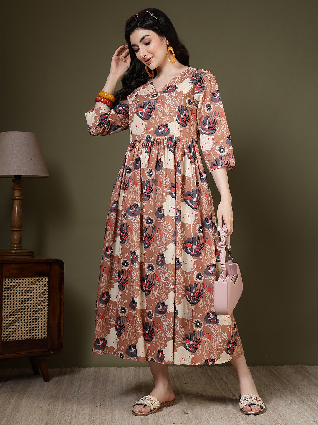 Taupe Printed Dress for Women | LASVINI - Redefining Indian Fashion with Elegance