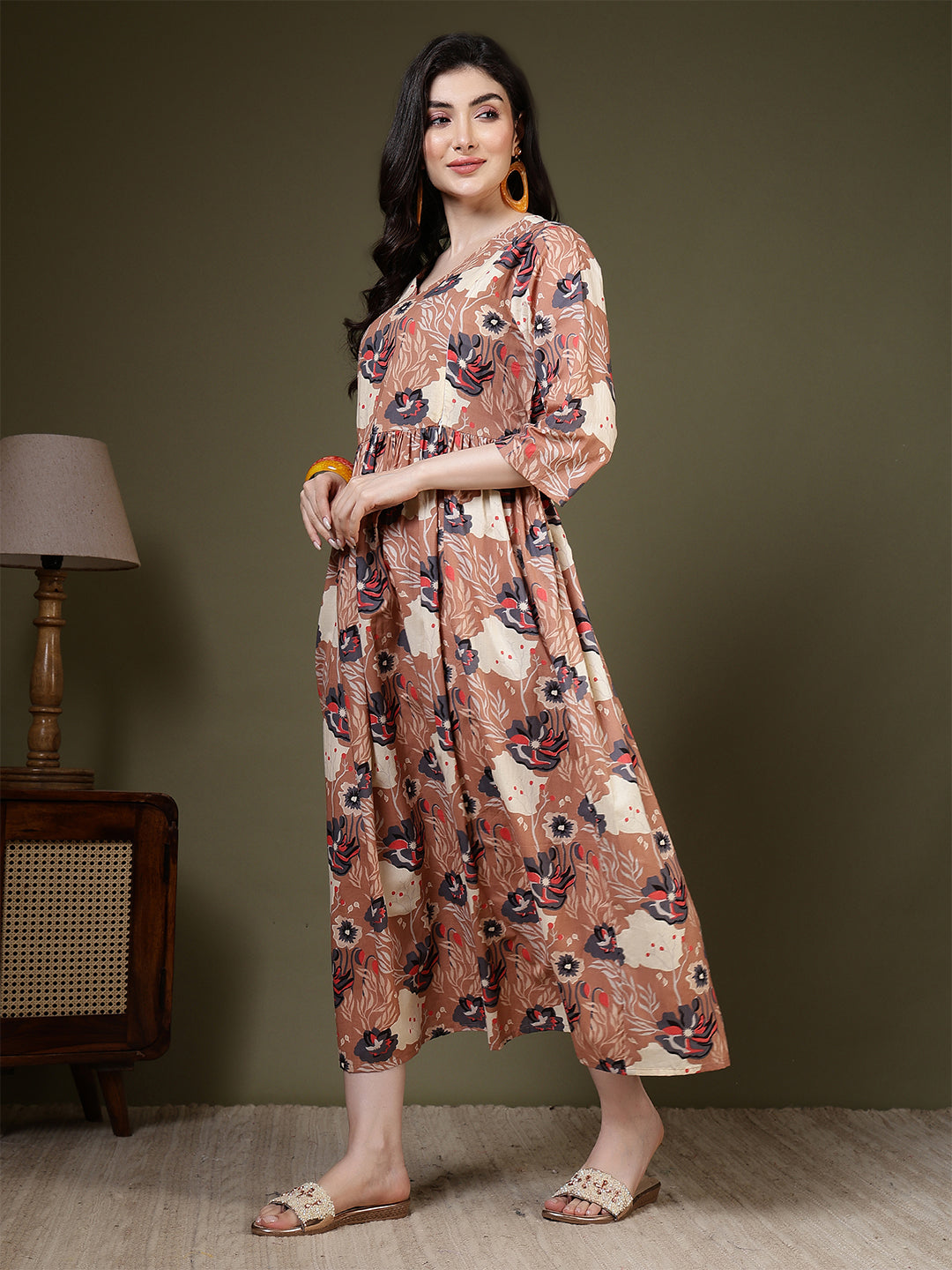 Taupe Printed Dress for Women | LASVINI - Redefining Indian Fashion with Elegance