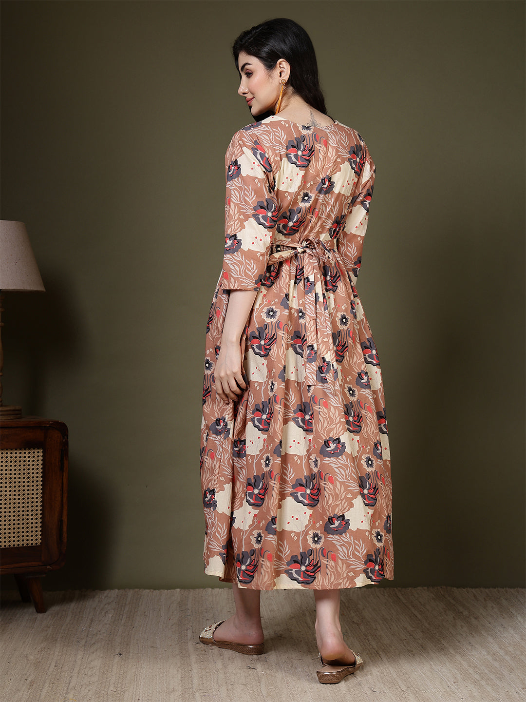 Taupe Printed Dress for Women | LASVINI - Redefining Indian Fashion with Elegance
