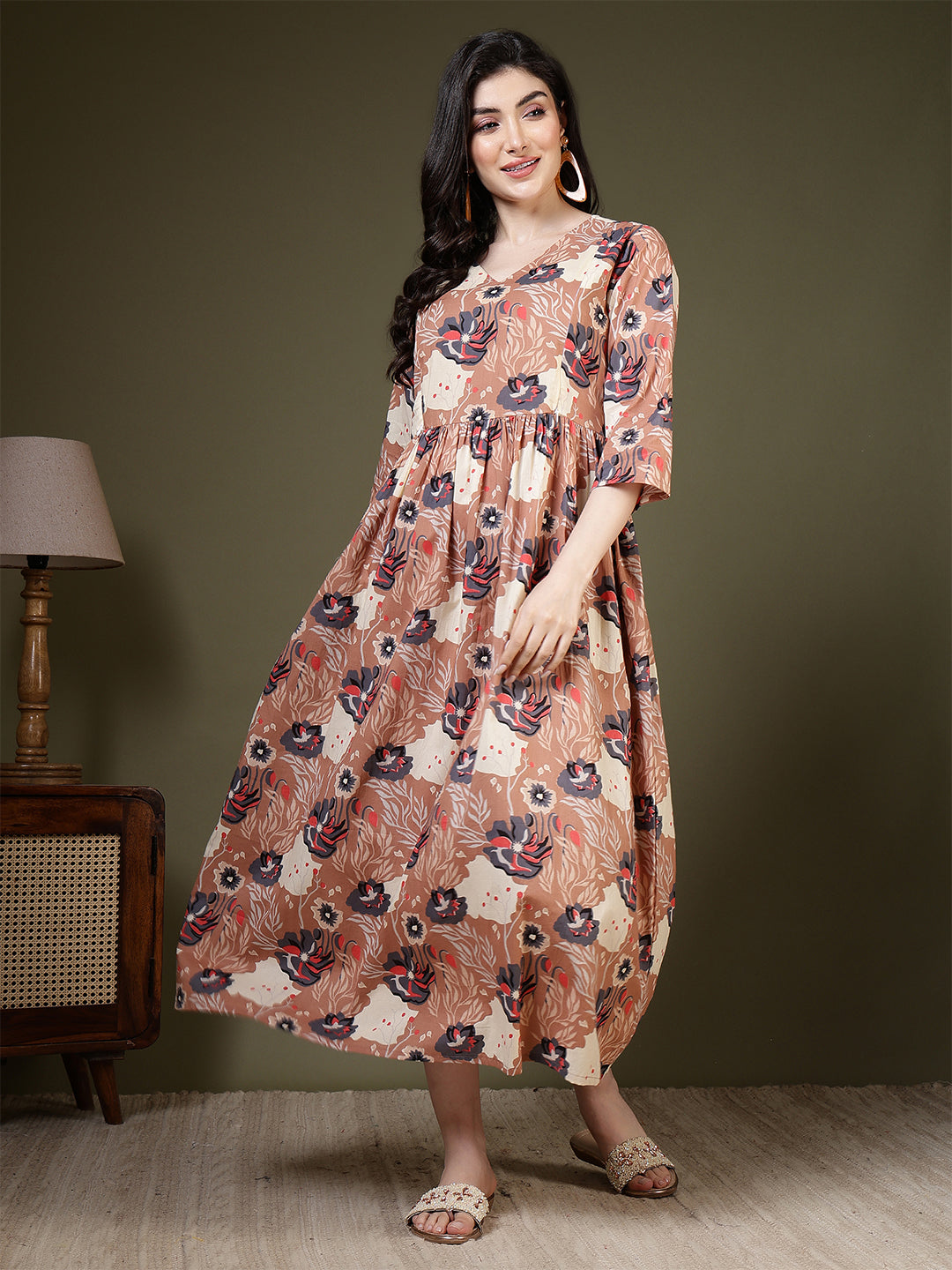 Taupe Printed Dress for Women | LASVINI - Redefining Indian Fashion with Elegance