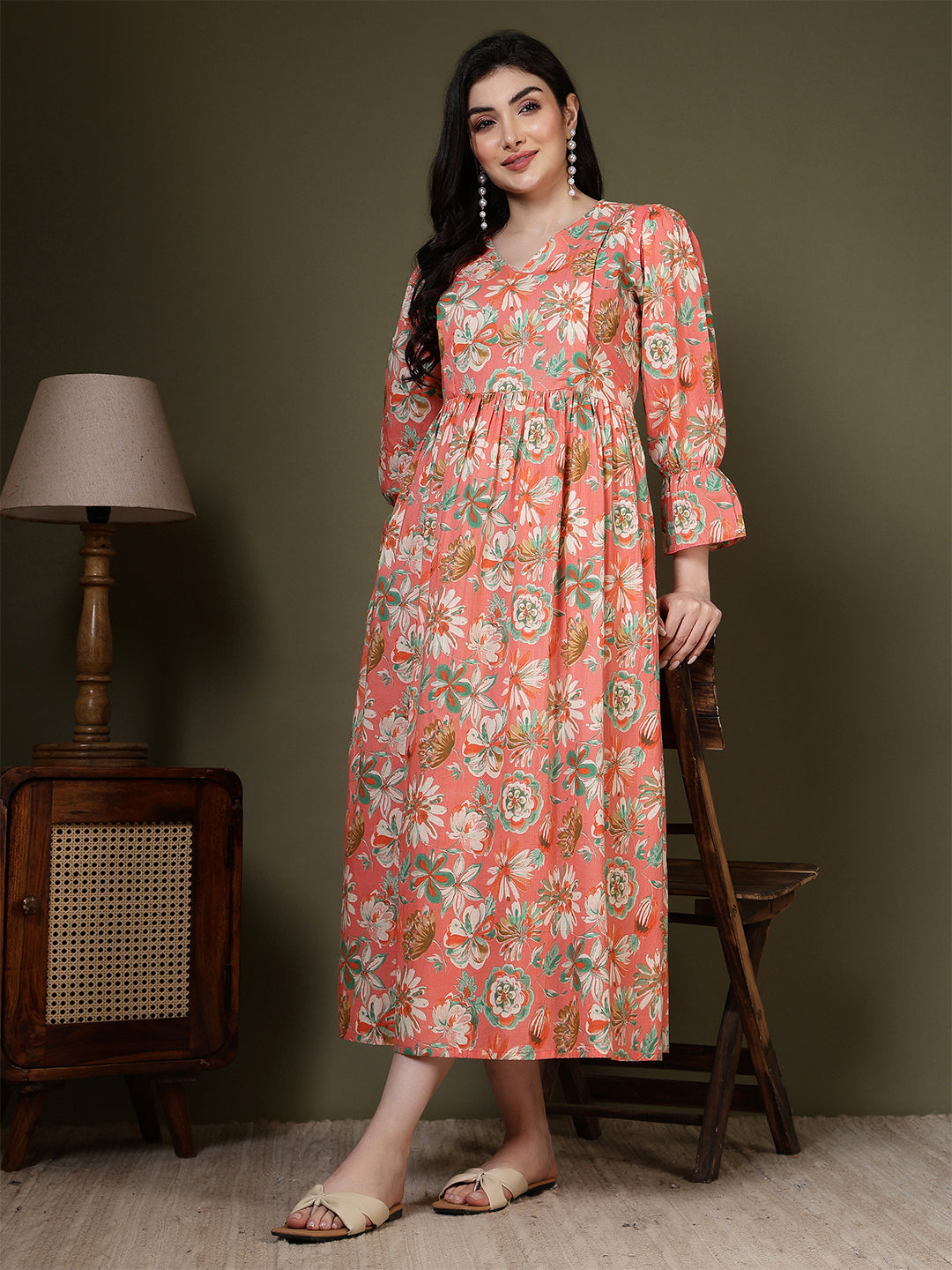 Peach Floral Printed Dress for Women | LASVINI - Redefining Indian Fashion with Elegance