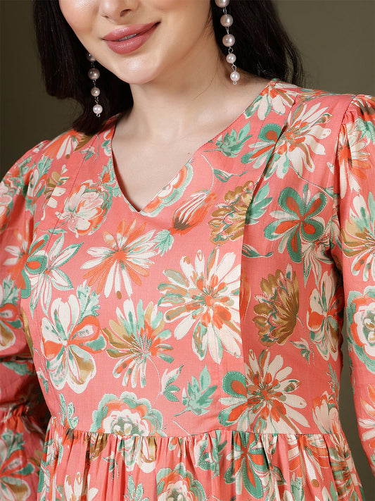 Peach Floral Printed Dress for Women | LASVINI - Redefining Indian Fashion with Elegance