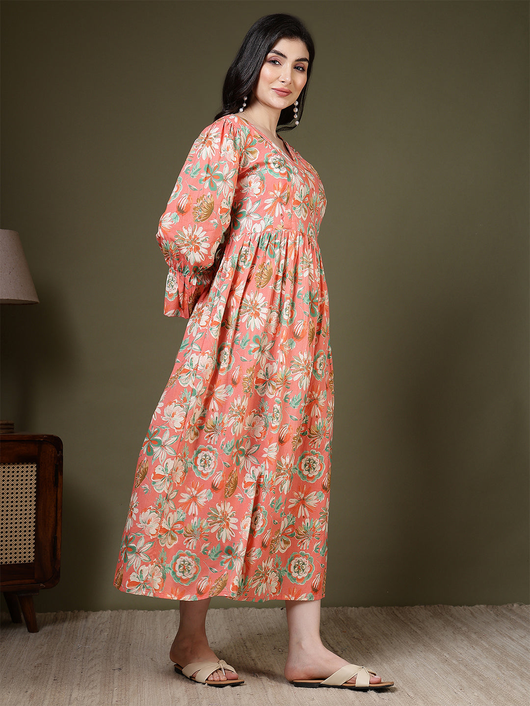 Peach Floral Printed Dress for Women | LASVINI - Redefining Indian Fashion with Elegance