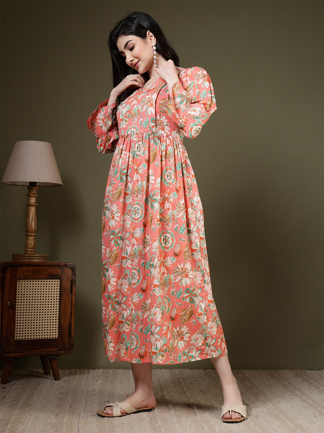 Peach Floral Printed Dress for Women | LASVINI - Redefining Indian Fashion with Elegance