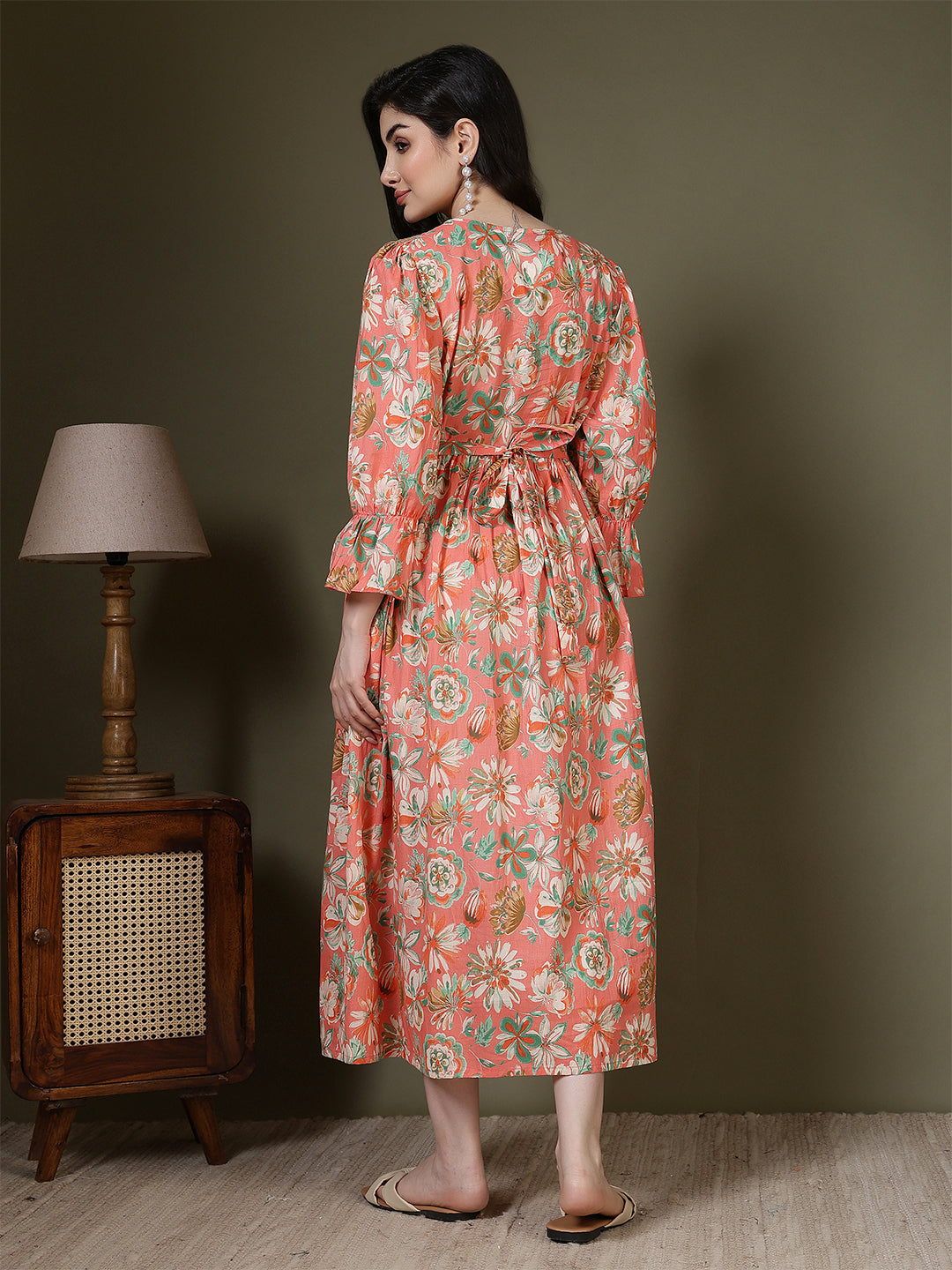 Peach Floral Printed Dress for Women | LASVINI - Redefining Indian Fashion with Elegance